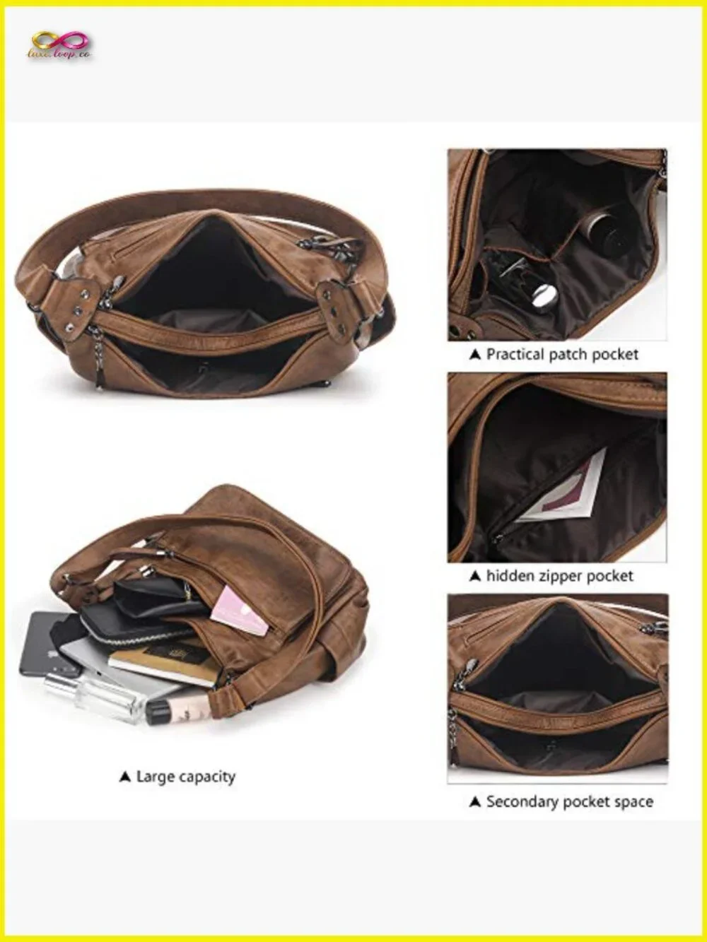 PU Leather Hobo Crossbody Bag Multi-Pocket Shoulder Tote Purse Daily Work